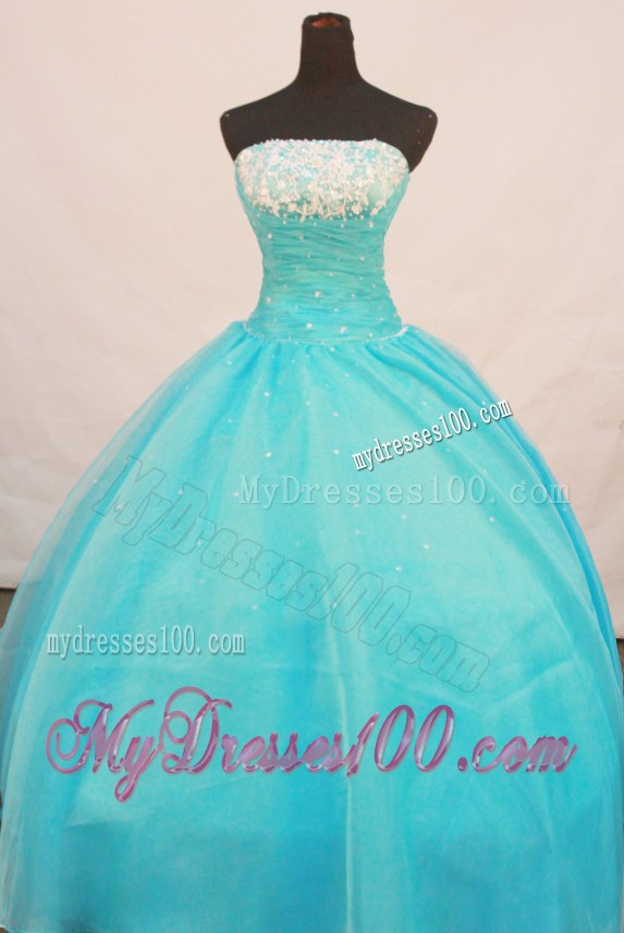 Simple Strapless Baby Blue Beaded Quinceanera Dresses with Appliques